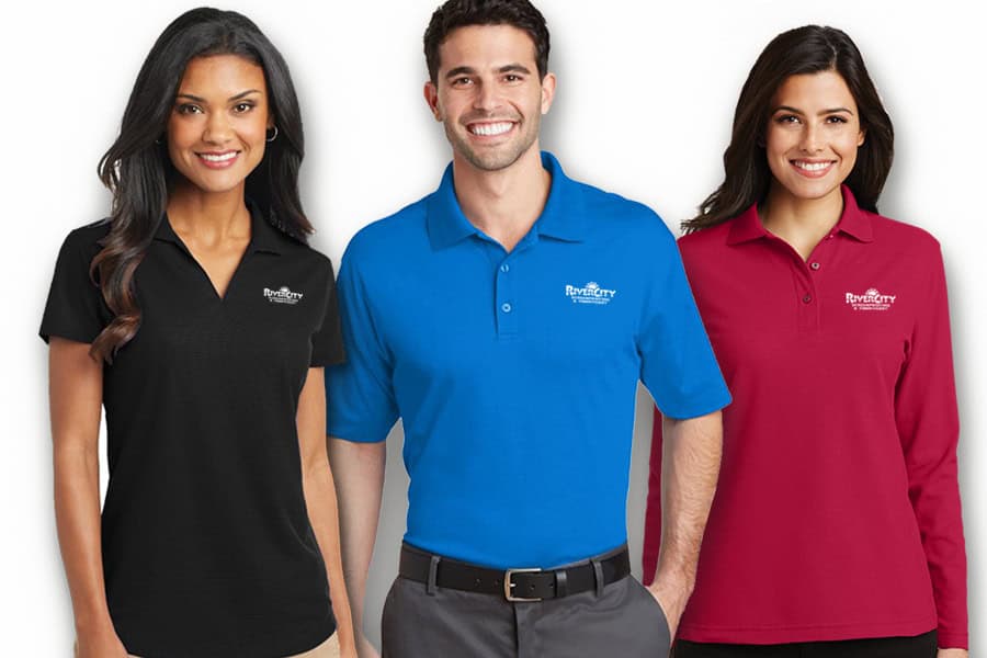 Polos Models showcasing New Braunfels custom t shirts in various colors.