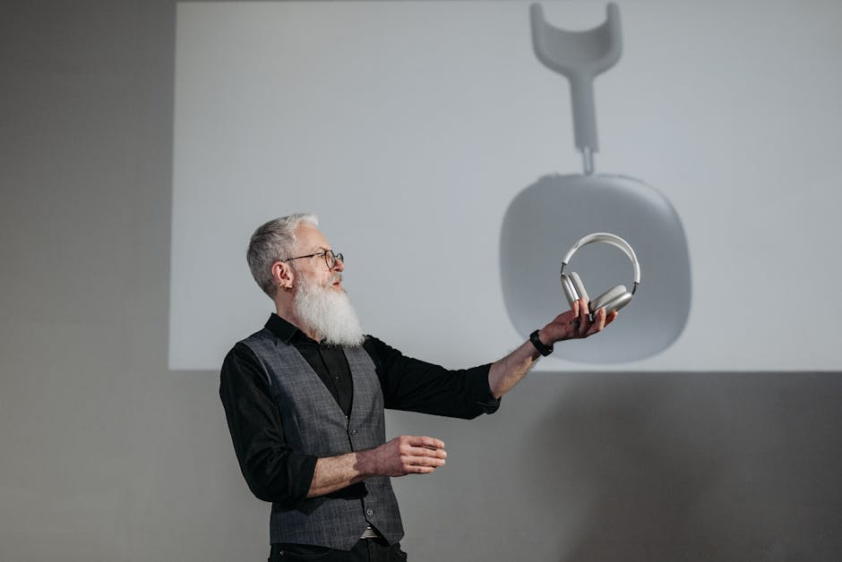 promotional-event-for-new-products-image Headphones illustration, man presenting graphic design, modern presentation, creative marketing, tech industry event for custom merchandise in San Marcos TX.